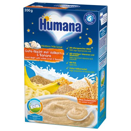 HUMANA ЛЕКА НОЩ Млечна инстантна каша пълнозърнеста с банан 6+ месеца, 200 г