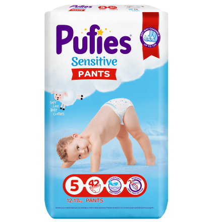 PUFIES SENSITIVE PANTS Бебешки гащички за еднократна употреба Junior размер 5, 12-18кг., 42 бр