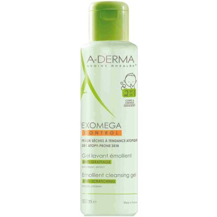 A-DERMA EXOMEGA Почистващ емолиентен бебешки гел за коса и тяло 2в1, 500 мл.