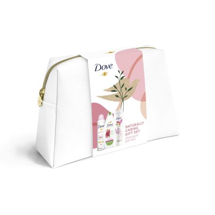 DOVE GLOWING Kомплект  Део спрей, 150 мл + Душ гел, 250 мл + Лосион за тяло, 250 мл +  чанта