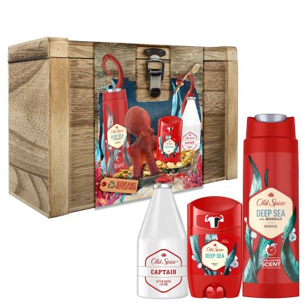 OLD SPICE DEEP SEA Комплек Део спрей, 50 мл + Душ гел, 250 мл + Афтършейв лосион за след бръснене, 100 мл + Дървено ковчеже