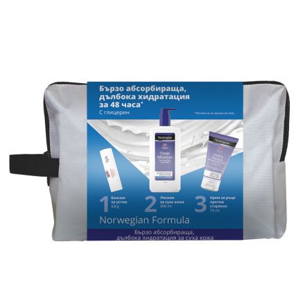 NEUTROGENA NORWEGIAN FORMULA Комплект Крем за ръце, 75 мл + Балсам за устни, 4,8 г + Лосион за тяло, 400 мл + несесер