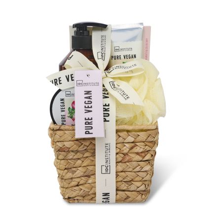 IDC INSTITUTE PURE VEGAN Комплект Душ гел, 250 мл + Соли за вана, 120 г + Лосион за тяло, 100 мл + Скраб за тяло, 50 мл + Гъба за баня