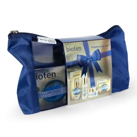BIOTEN HYALURONIC GOLD Комплект Дневен крем, 50 мл + Серум за лице, 30 мл + несесер