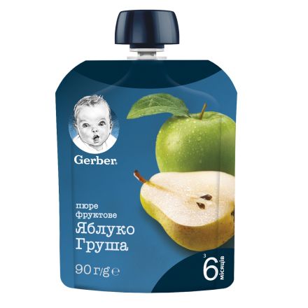 GERBER® Плодова закуска пауч Ябълка и круша 6+ месеца, 90 г