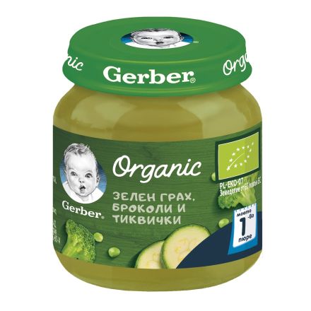 GERBER ОRGANIC Моето първо пюре Зелен грах, броколи и тиквички 6+месеца, 125 г