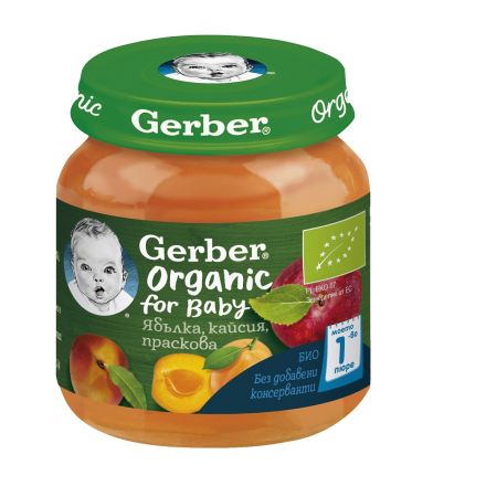 GERBER ОRGANIC Моето първо пюре Ябълка, кайсия, праскова от 6+месеца, 125 г