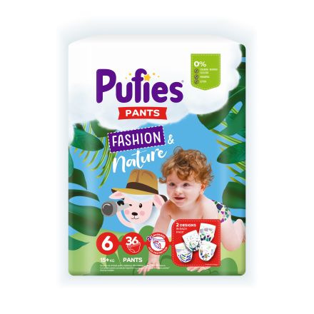 PUFIES PANTS FASHION&NATURE MAXI PACK Бебешки гащички за еднократна употреба Junior размер Extra large размер 6, 15+кг., 36бр