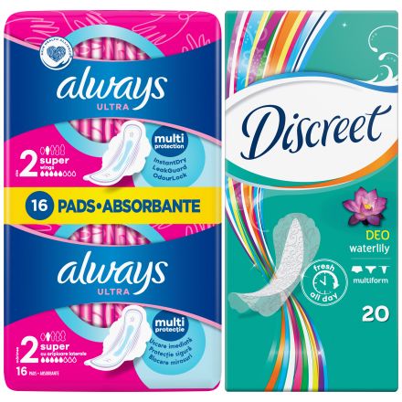 ALWAYS&DISCREET Промо пакет дамски превръзки Always duo 16 бр. + ежедневни превръзки Discreet 20 бр.