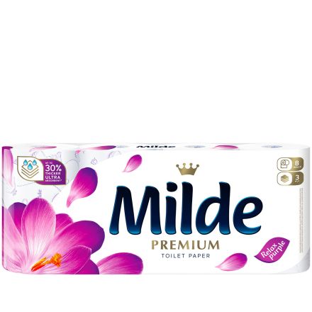 MILDE PREMIUM ULTRA SOFT Тоалетна хартия 3 пласта RELAX PURPLE, 8 бр.