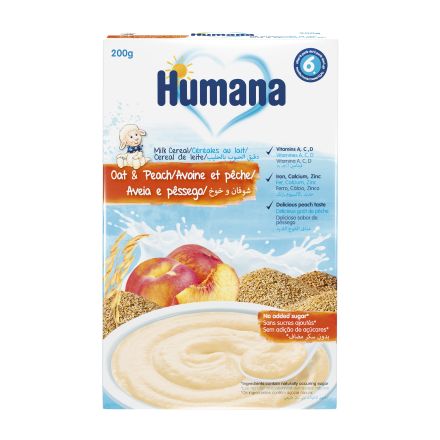 HUMANA Млечно-зърнена каша с овесени ядки и праскови от 6-ия месец, 200гр.