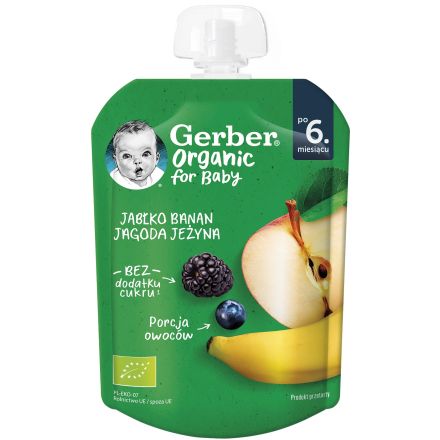 GERBER ORGANIC Пауч ябълка, банан, боровинка, къпина 6+м 80г