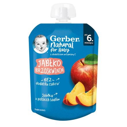 GERBER® Плодова закуска пауч Ябълка и праскова 6+ месеца, 80 г