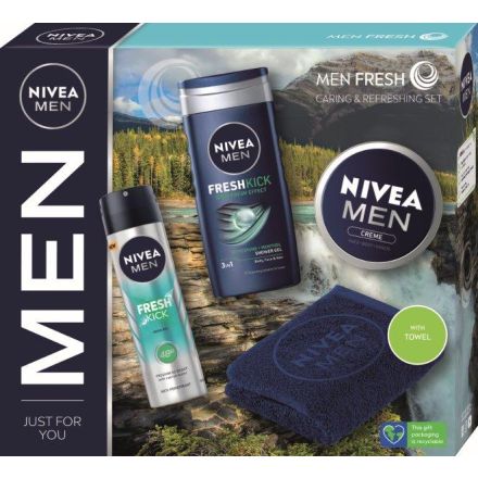 NIVEA MEN FRESH Комплект Дeo-спрей мъжки , 150 мл + Душ-гел , 250 мл + Крем за мъже, 150 мл + кърпа