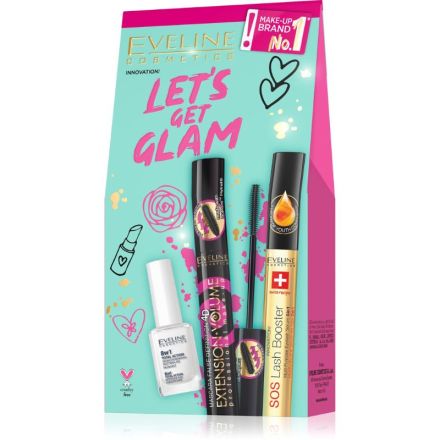 EVELINE LET'S GET GLAM Комплект Серум за мигли с арган 5в1 SOS Lash Booster, 10 мл + Спирала за очи Extension Volume 4D, 10 мл  + Балсам за нокти 8в1 Total Action, 12 мл
