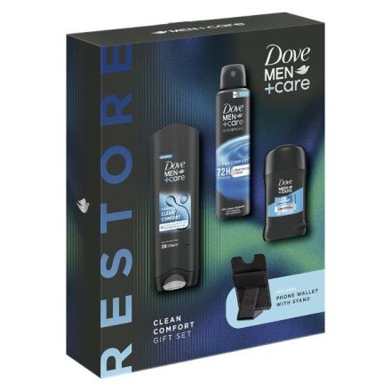 DOVE MEN COMFORT Комплект  Део-спрей, 150 мл + Душ гел, 250 мл+ Део-стик, 50мл + поставка за телефон