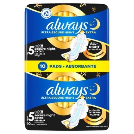 ALWAYS ULTRA DUO SECURE NIGHT EXTRA Дамски превръзки, 10 бр.