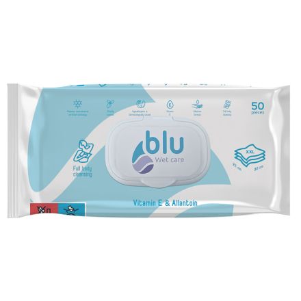 BLU WET CARE Мокри кърпи за почистване на тяло с витамин Е и алантоин, 50 броя
