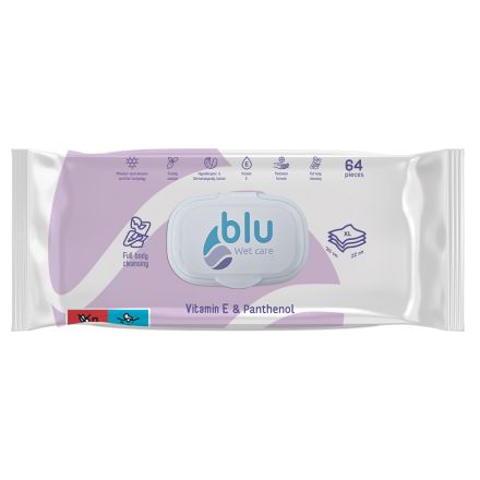 BLU WET CARE Мокри кърпи за почистване на тяло с витамин Е и пантенол, 64 броя