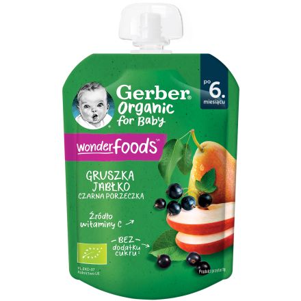 GERBER ORGANIC Пауч круша, ябълка, касис 6+м 80г