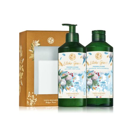 YVES ROCHER Комплект Личи Душ гел, 400 мл  + Мляко за тяло 390 мл, + Кутия