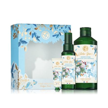 YVES ROCHER Комплект Личи Душ гел, 400 мл  + Мист за коса и тяло 100 мл + Крем за ръце 30 мл, + Кутия
