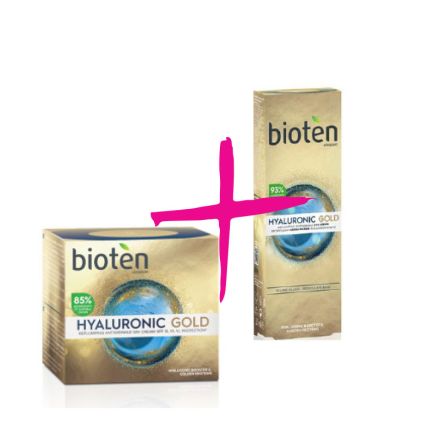 BIOTEN HYALURONIC GOLD Уплътняващ дневен крем против бръчки, 50мл + Уплътняващ околоочен крем против бръчки, 15мл