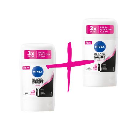 NIVEA INVISIBLE ON BLACK & WHITE CLEAR Дамски део стик, 2бр x 50 мл.