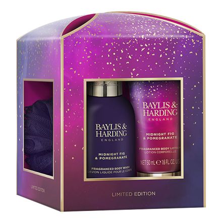 BAYLIS & HARDING MIDNIGHT FIG&POM Комплект Измивен гел за тяло, 100 мл + Лосион за тяло, 50 + Гъба за баня