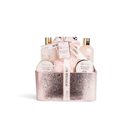 IDC ROSE GOLD  Комплект Душ гел, 300 мл + Пяна за вана, 300 мл + Крем за ръце, 110 мл + Скраб за тяло, 110 мл + Соли за вана, 200 г + Гъба за баня, 1 бр.