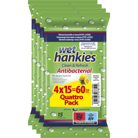 WET HANKIES Антибактериални мокри кърпички 15 бр./оп., 2+2 бр