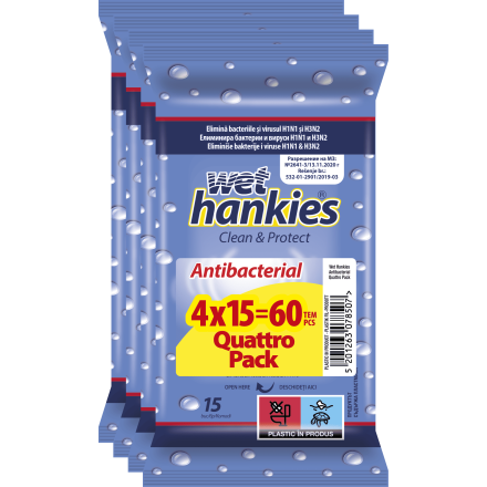 WET HANKIES CLEAN Антибактериални мокри кърпички 15 бр./оп., 2+2 бр.