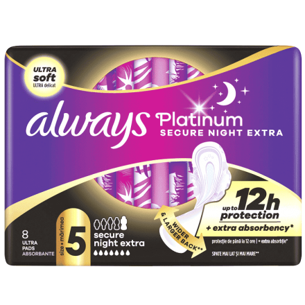 ALWAYS PLATINUM SECURE NIGHT EXTRA Нощни превръзки, 8бр.