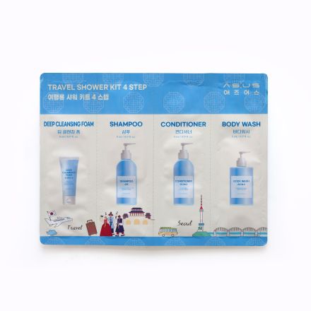 AS:US TRAVEL SHOWER KIT 4 STEP Дълбокопочистваща пяна за лице 5мл., Шампоан 5мл.,Балсам 5мл., Душ гел 5мл.