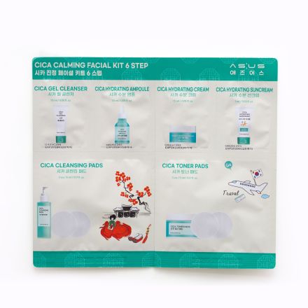 AS:US CICA CALMING FACIAL KIT Почистващ гел за лице с центела 1.5мл, Ампула за лице с центела 1.5мл, Крем за лице с центела 1.5мл, Слънцезащитен крем с центела 1мл, Тонер падове с Центела 2ea, 