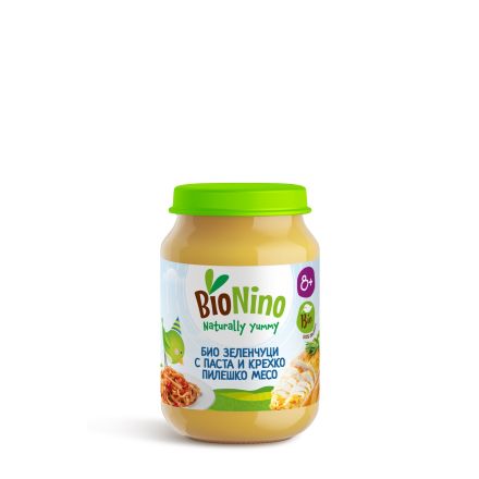 BIONINO 2331 Био пюре зеленчуци с паста и пилешко месо, 8+М 190ГР 