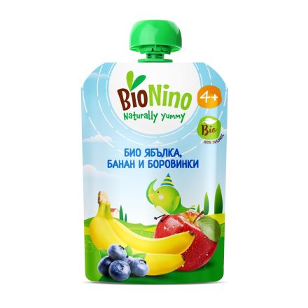 BIONINO 2553 Био плодов пауч ябълка, банан и боровинка, 4+М 190Г