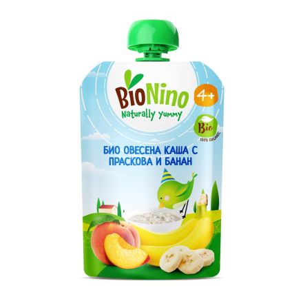 BIONINO 2577 Био плодов пауч овесена каша, праскова и банан,4+М 190