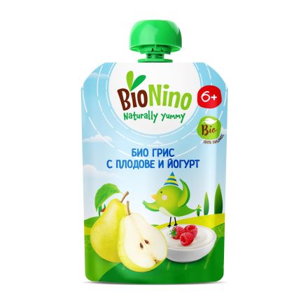 BIONINO 2591 Био плодов пауч грис, плодове и йогурт,6+М 190Г