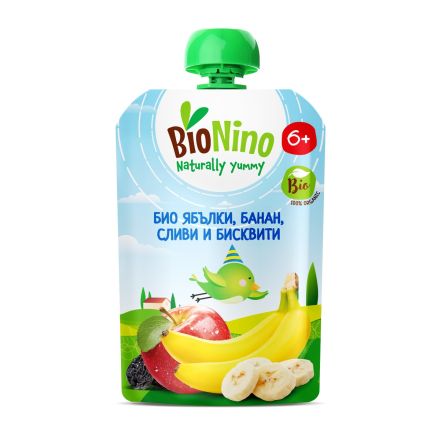 BIONINO 2614 Био плодов пауч ябълка, банан, слива и бисквити,6+М 190Г