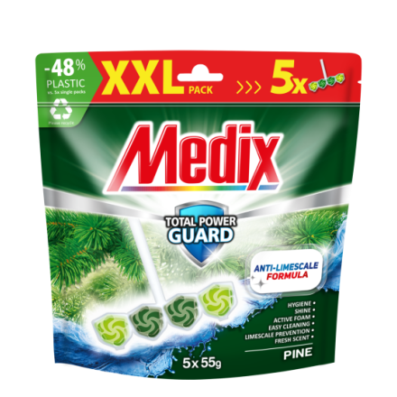 MEDIX WC TOTAL POWER GUARD PINE – Твърдо тоалетно блокче бор (зелено), 5х55g;