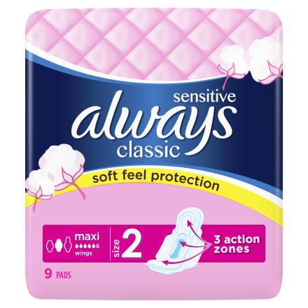 ALWAYS CLASSIC MAXI SENSITIVE Дамски превръзки, 9 бр.