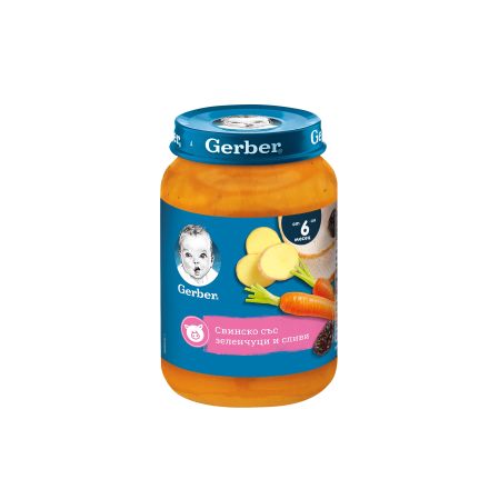 GERBER Пюре свинско със зеленчуци и сливи  6+М, 190гр.