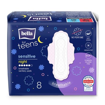 BELLA FOR TEENS SENSITIVE NIGHT Дамски превръзки памук, 8бр.