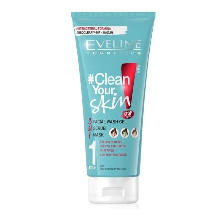 EVELINE CLEANYOURSKIN Измиващ гел за лице + пилинг + маска 3в1, 200 мл