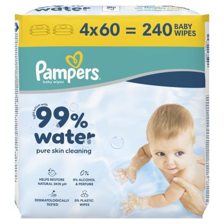 PAMPERS Мокри кърпички 99% вода промо пакет 4х60бр.