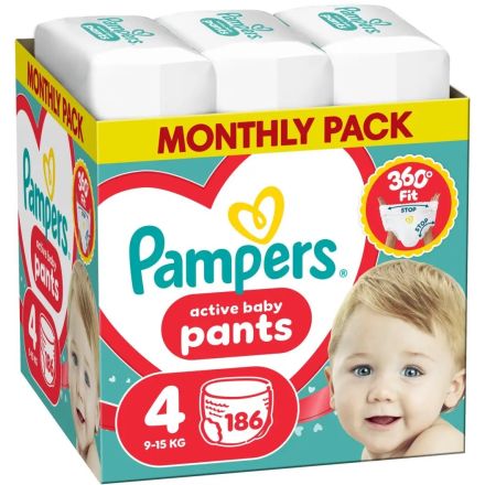 PAMPERS ACTIVE BABY Пелени-гащички - Размер 4, 9-15 kg, 186 броя