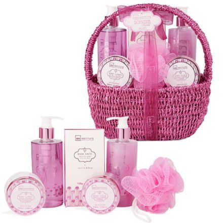 IDC SCENTED BATH ROSE Комплект  душ гел, пяна за вана, лосион за тяло,соли за вана, скраб за тяло, гъба за баня  и декоративна кошница