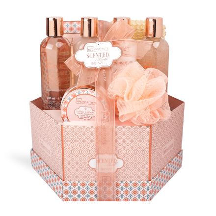 IDC SCENTED BATH BRONZE Комплект  душ гел, пяна за вана, лосион за тяло,масло за тяло, соли за вана, крем за ръце, гъба за баня  и подаръчна кутия 