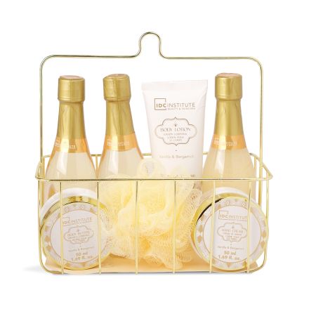 IDC SCENTED BATH GOLD TIN Комплект душ гел, шампоан, скраб за тяло, лосион за тяло, крем за ръце, масло за тяло, гъба за баня,